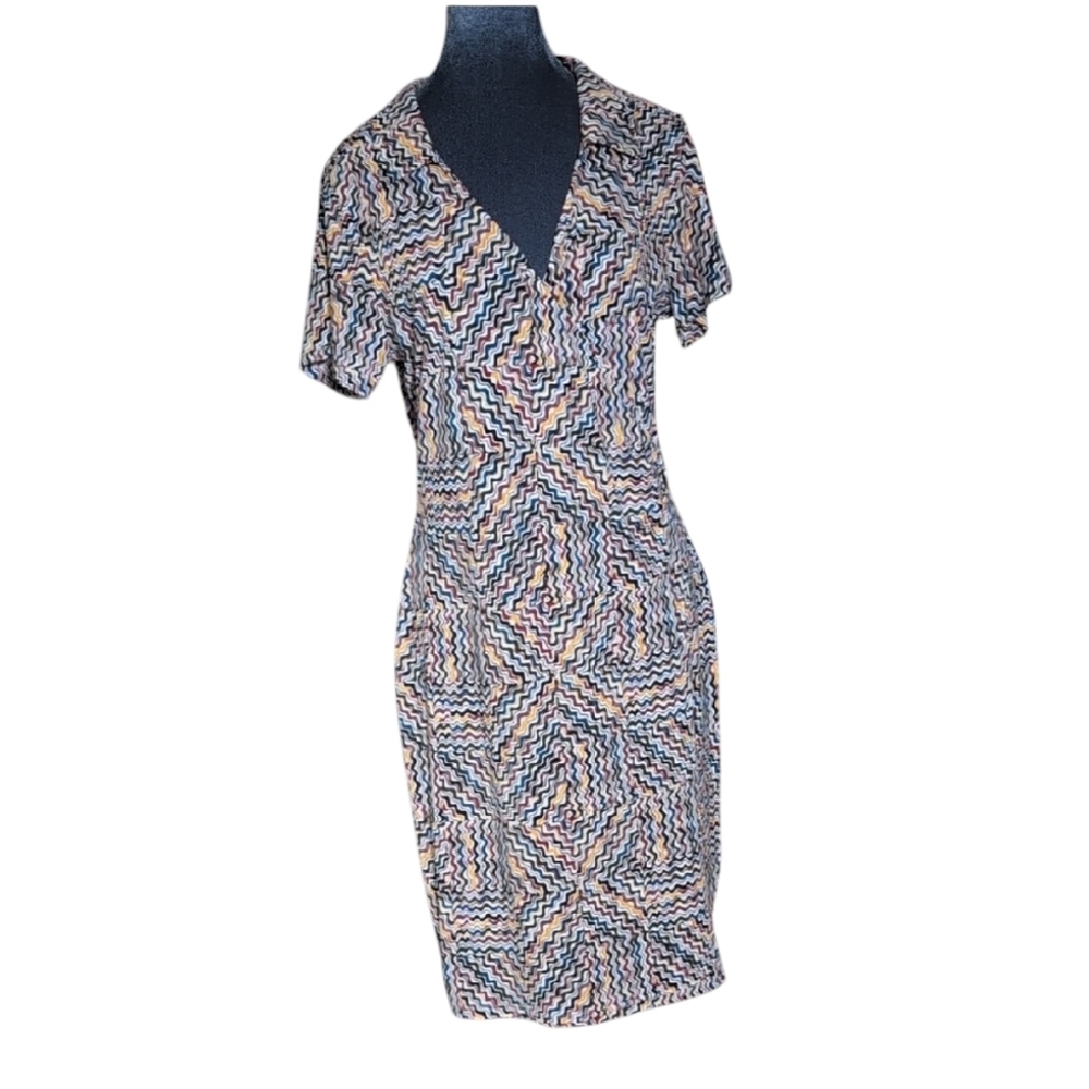 Cato Gold/Rust/Navy Wavy Wrap Dress with Open Collar Size Med